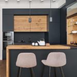 Modern U shaped kitchen black matt and natural oak colored Full Set with 2 seater counter dinning table and storage