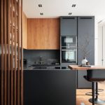 Modern U shaped kitchen black matt and natural oak colored Full Set with 2 seater counter dinning table and storage