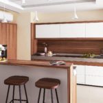 Modern U shaped kitchen cherry and white colored Full Set with 2 seater counter dinning table