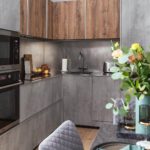 Modern L shaped kitchen cement grey and italian walnut colored Full Set