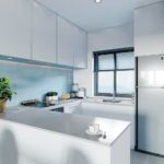 Modern U shaped kitchen milk white colored Full Set with counter dinning table