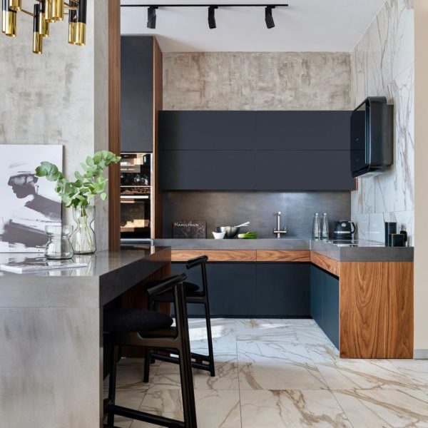 a modern, L-shaped kitchen design