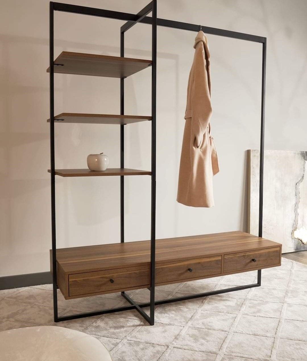 wardrobe with a matte black metal frame and walnut-laminated shelves and drawers