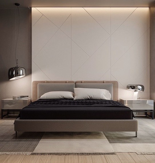 107/03 modern, upholstered bed with an integrated headboard