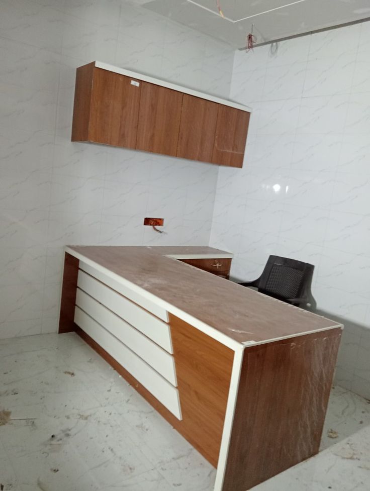 L-shaped wooden office desk