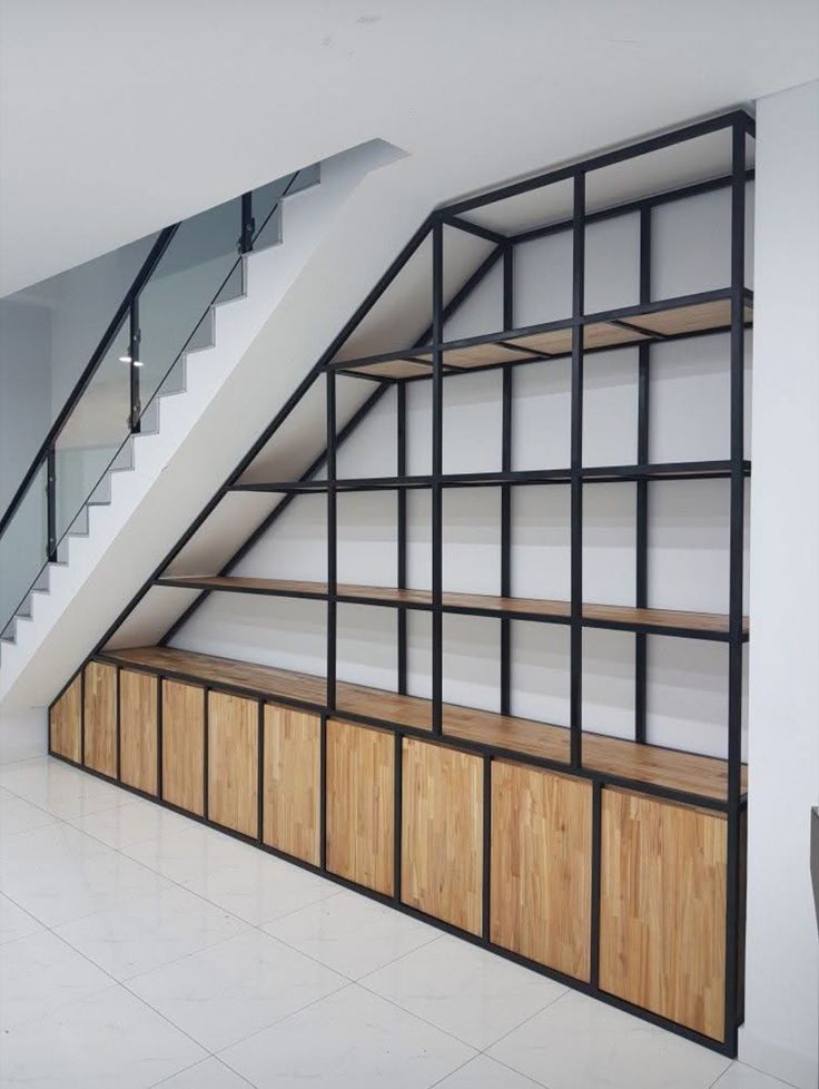 custom-built industrial-style staircase storage unit