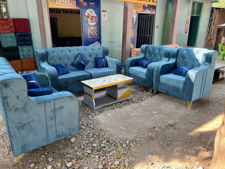 101/09 new blue velvet channel-tufted sofa set with a coffee table