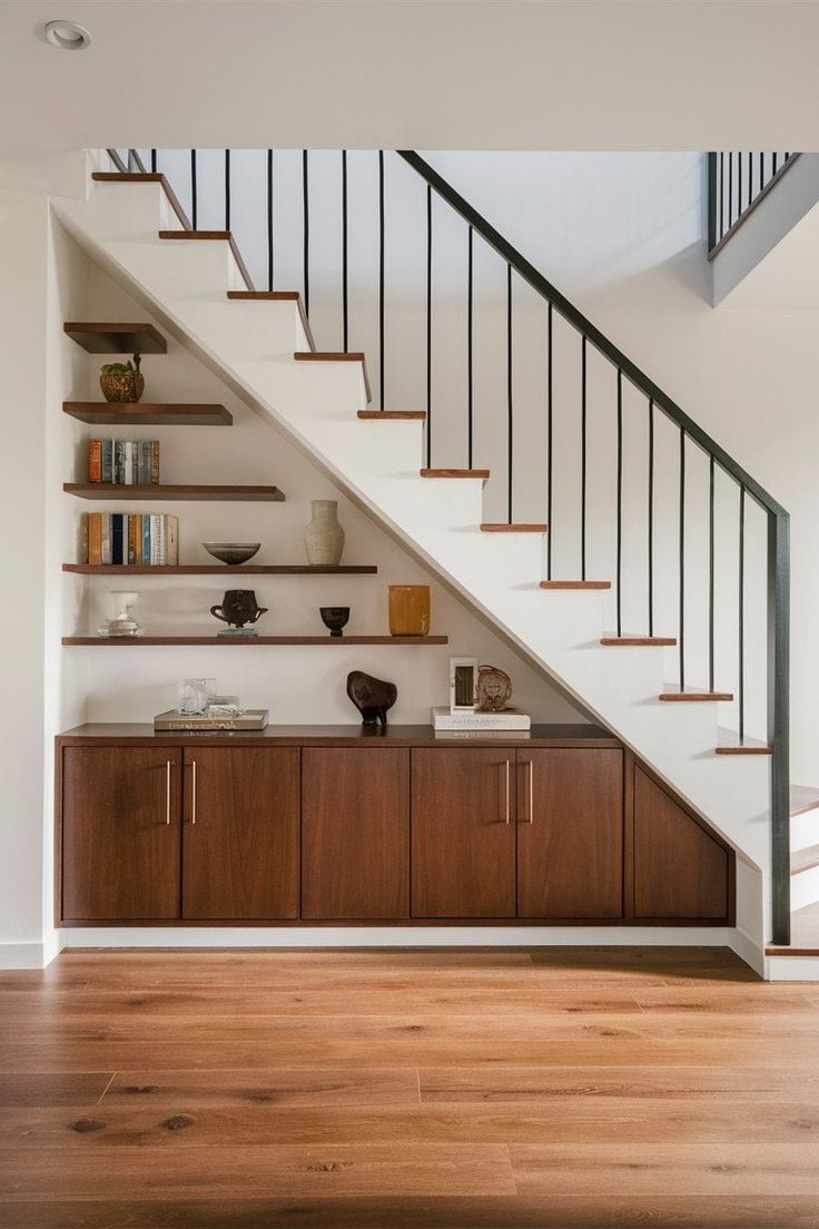 custom-built under-stairs shelving and storage unit