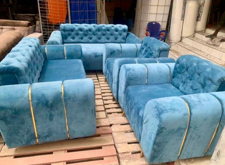 102/01 blue velvet 7-seater L-shaped sofa set