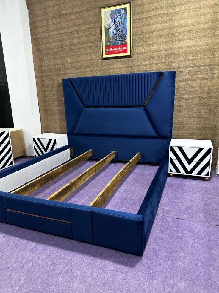 modern blue velvet upholstered bed frame