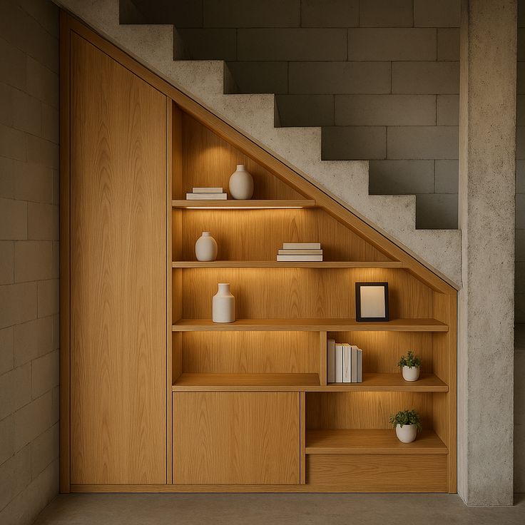 custom-built under-stairs shelving and storage unit