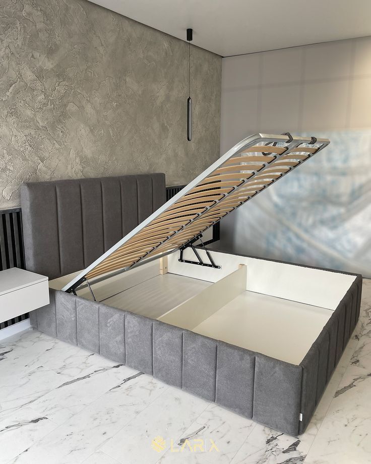 upholstered grey platform bed