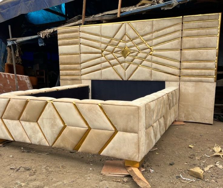 114/08 modern, upholstered geometric bed frame in a beige fabric